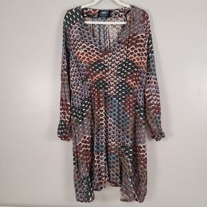 Anthropologie x Maeve Art Deco Floral Geometric Long Sleeve Sharkbite Hem Dress